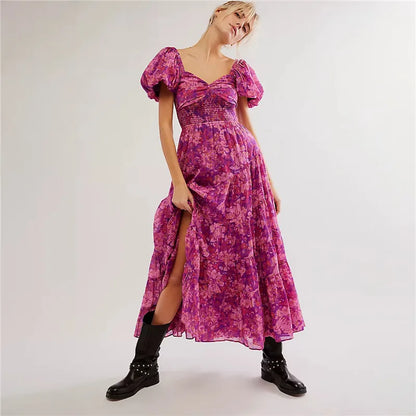 Waist A-Line Neck Tunic Short Puff Sleeve Floral Printed Maxi Boho Dress