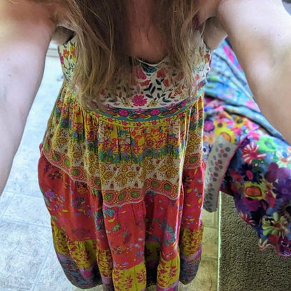 FashionSierra - Women Colorful Graffiti Floral Ruffle Cami Summer Boho Flowy Spaghetti Strap Maxi Sun Midi Dress
