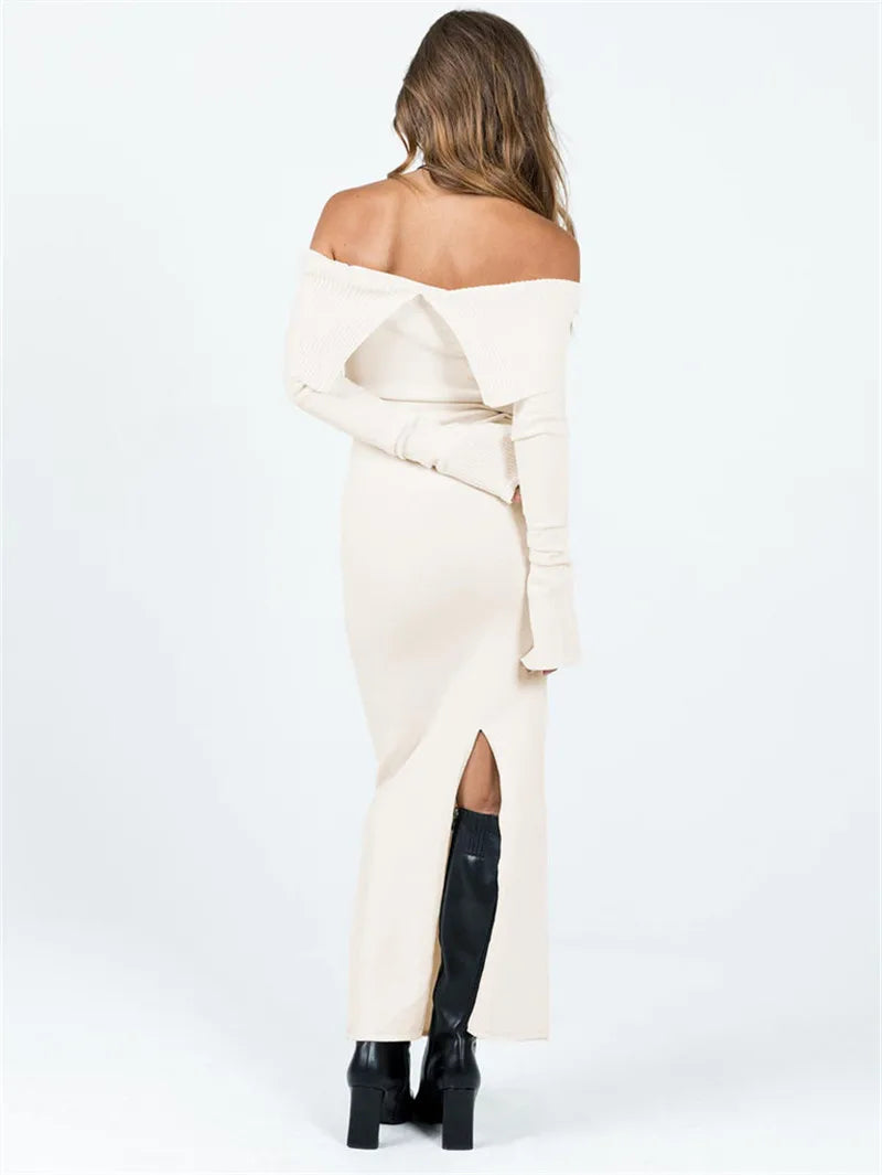 FashionSierra - Color Slit Hem Casual Long Sleeve Knitted Party Dress Beach Cocktail Club Streetwear Maxi Dress