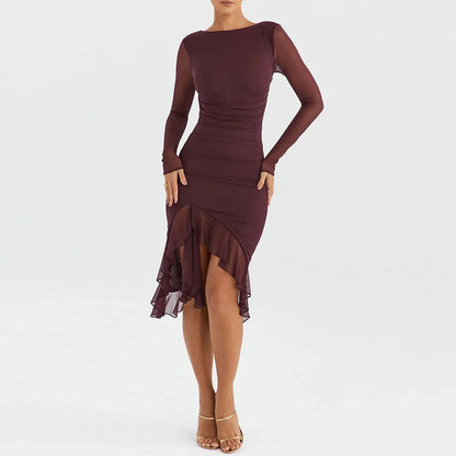 Women Hem Mermaid Bodycon Mesh Long Sleeve Tail Spring Fall Cocktail Elegant Vestidos Midi Dress
