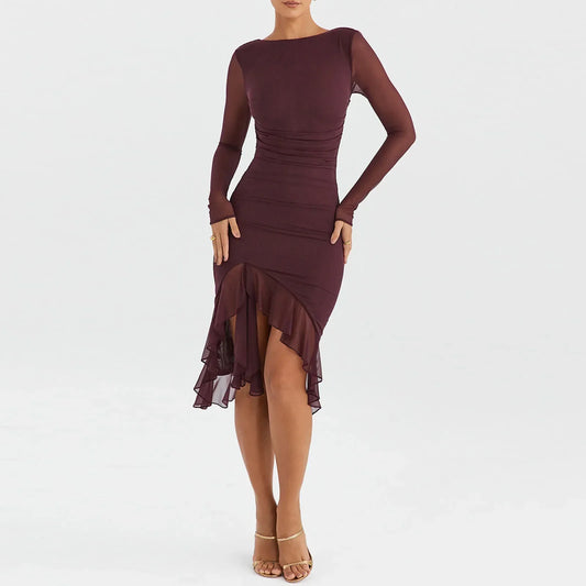 Women Hem Mermaid Bodycon Mesh Long Sleeve Tail Spring Fall Cocktail Elegant Vestidos Midi Dress