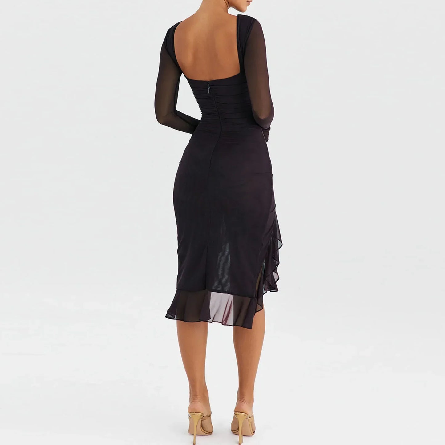 Women Hem Mermaid Bodycon Mesh Long Sleeve Tail Spring Fall Cocktail Elegant Vestidos Midi Dress