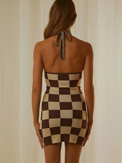 Sleeveless Checkerboard Print Backless Party Club Streetwear Mini Dress