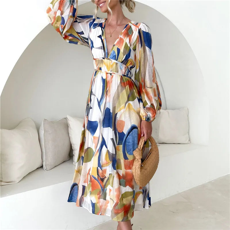 Spring Print V-Neck Long Sleeve A-line Fashion Holiday Boho Dress