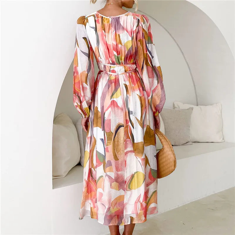 Spring Print V-Neck Long Sleeve A-line Fashion Holiday Boho Dress