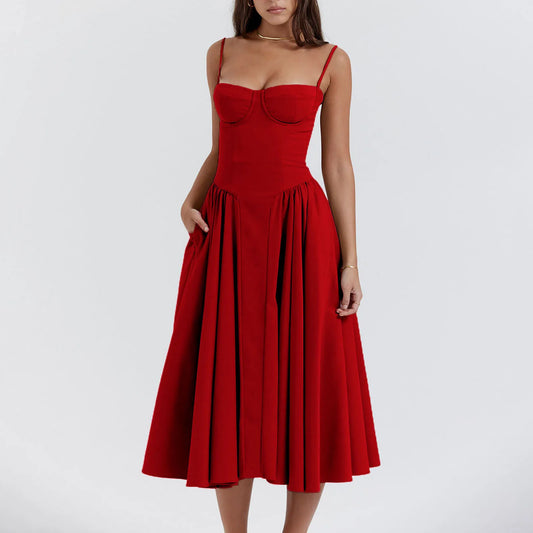 FashionSierra - Women Side Pockets Low-Cut Cami Midi Dress