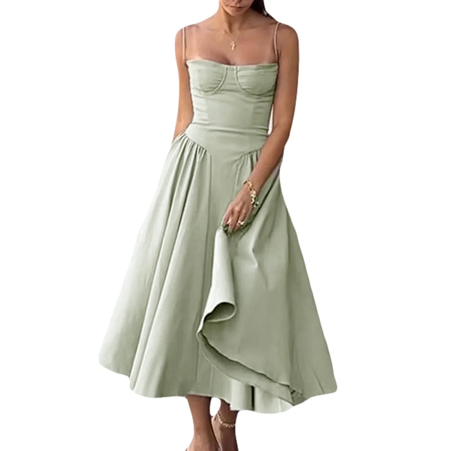 FashionSierra - Women Side Pockets Low-Cut Cami Midi Dress