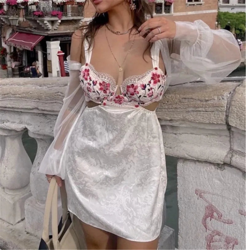 Lace Trim Rose Flower Print Sleeveless Fashion Tie-Up Backless Mini Cut Out Dress