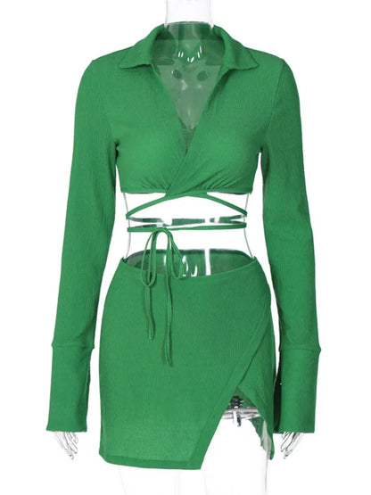 Women Tops Skirt Suit Long Sleeve Lapel Bandage Solid Color Party Mini Dress