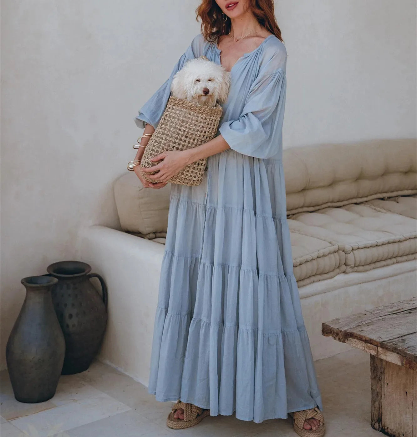FashionSierra - Women Y2k Puff Sleeve Ruffle Pleated Maxi Swing Loose Fit Tiered Beach Wear Midi Dress