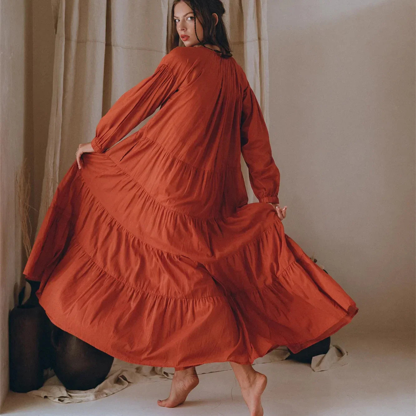 FashionSierra - Women Y2k Puff Sleeve Ruffle Pleated Maxi Swing Loose Fit Tiered Beach Wear Midi Dress