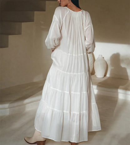 FashionSierra - Women Y2k Puff Sleeve Ruffle Pleated Maxi Swing Loose Fit Tiered Beach Wear Midi Dress