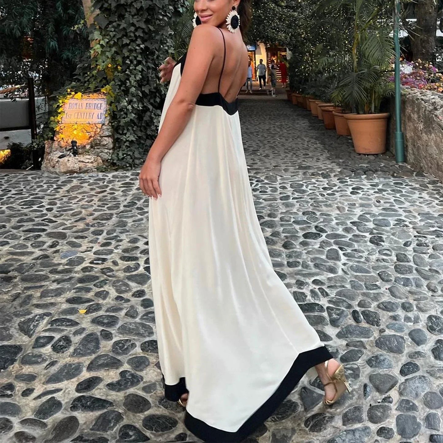 FashionSierra - Women Y2k Spaghetti Strap Maxi Patchwork Low Cut Backless Long Ruffle Flowy Beach Sundress Midi Dress