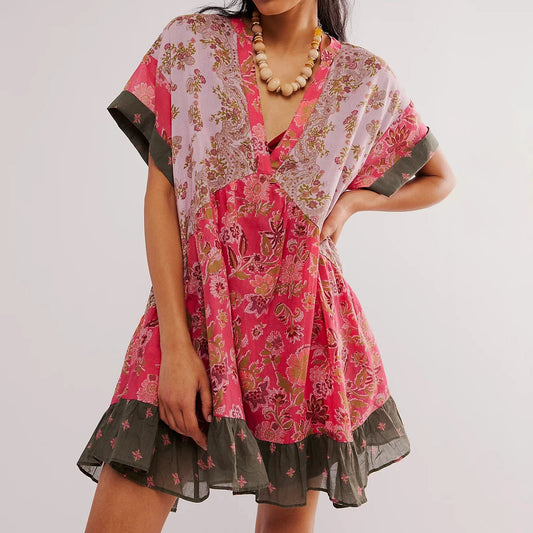 V-Neck Puff Sleeve Mini Women's 2025 Summer Causal Beach Boho Dress