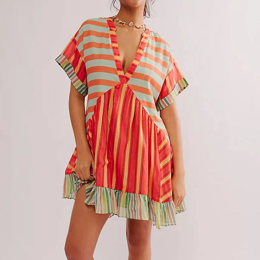 V-Neck Puff Sleeve Mini Women's 2025 Summer Causal Beach Boho Dress
