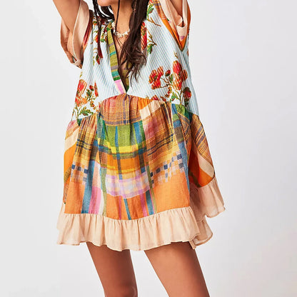 V-Neck Puff Sleeve Mini Women's 2025 Summer Causal Beach Boho Dress
