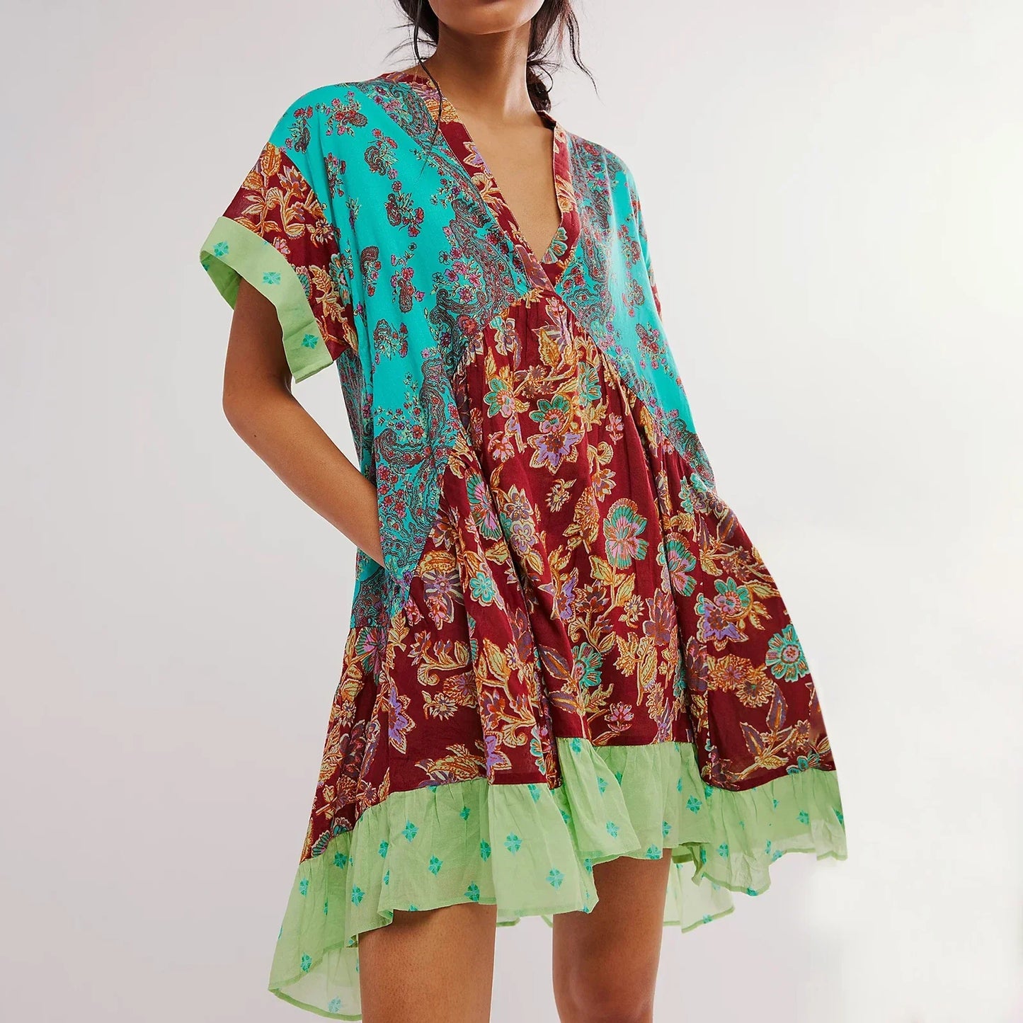 V-Neck Puff Sleeve Mini Women's 2025 Summer Causal Beach Boho Dress