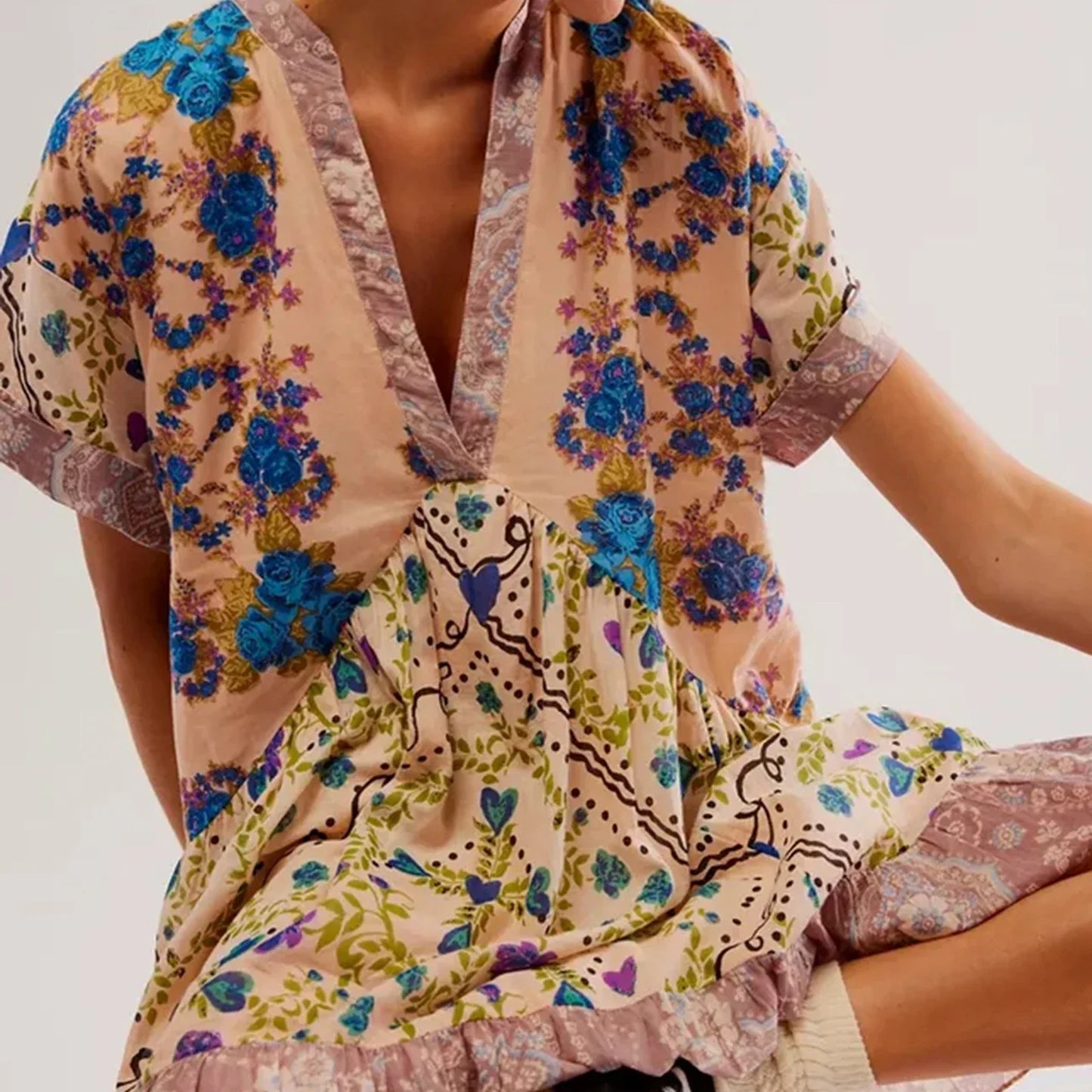 V-Neck Puff Sleeve Mini Women's 2025 Summer Causal Beach Boho Dress