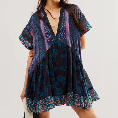 V-Neck Puff Sleeve Mini Women's 2025 Summer Causal Beach Boho Dress