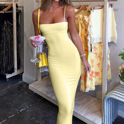 FashionSierra - Fit Square Neck Adjustable Spaghetti Strap Solid Color Maxi Dress
