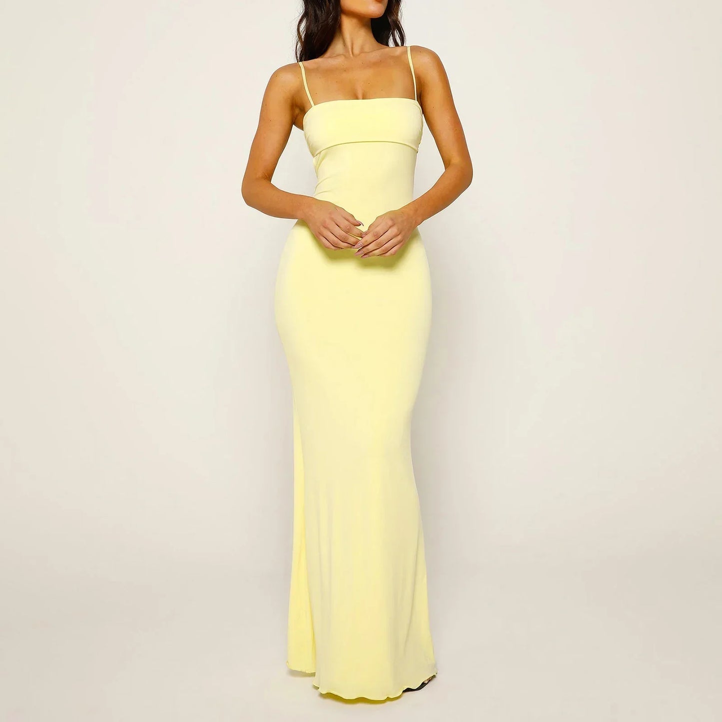 FashionSierra - Fit Square Neck Adjustable Spaghetti Strap Solid Color Maxi Dress