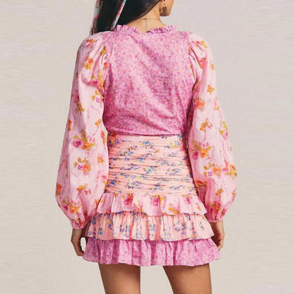 Layered Patchwork Belted Mini Sun V Neck Long Sleeve Boho Dress