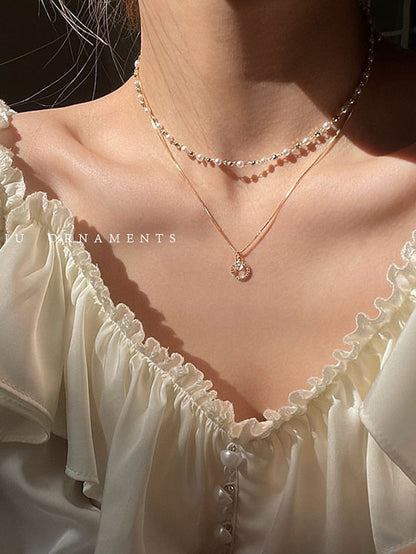 1PC Necklace  Layered Choker Necklace Handmade 14K Gold Plated Y Pendant Necklace Multilayer Bar Disc Necklace Adjustable Layering Choker Necklaces for Women for Women