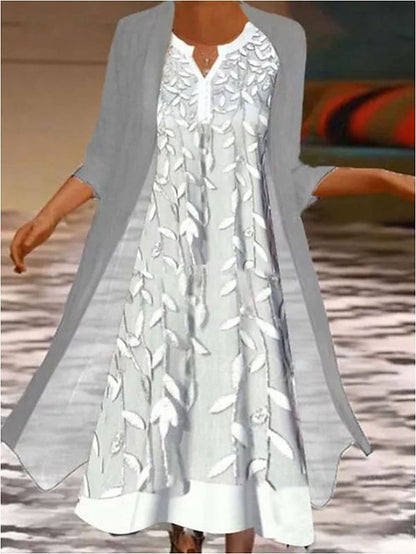 A Line Dress Midi Dress Gray 3/4 Length Sleeve Print Pure Color Ruched Fall Spring Crew Neck Elegant Casual Classic  S M L XL XXL 3XL / Loose for Women