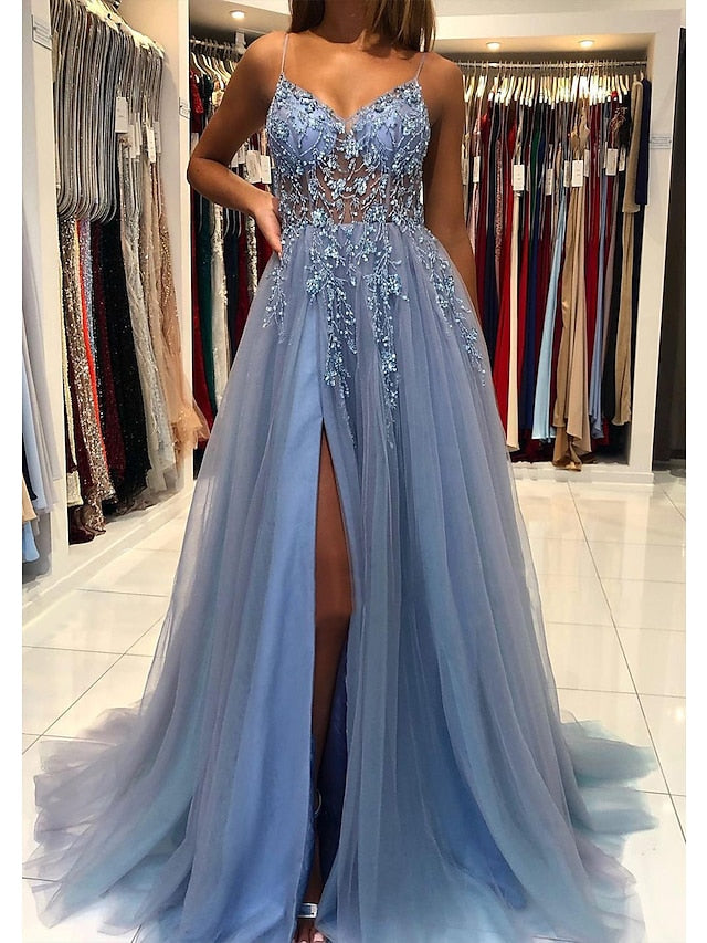 A-Line Prom Dresses Princess Dress Formal Court Train Sleeveless V Neck Tulle with Beading 2023