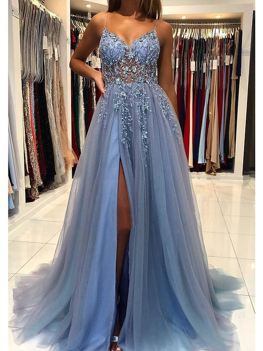 A-Line Prom Dresses Princess Dress Formal Court Train Sleeveless V Neck Tulle with Beading 2023