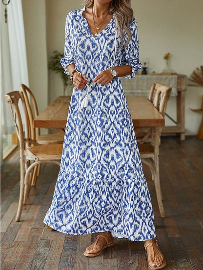 A Line Dress Maxi long Dress Purple Half Sleeve Print Ruched Print Spring Summer V Neck Casual Vacation  3XL for Women