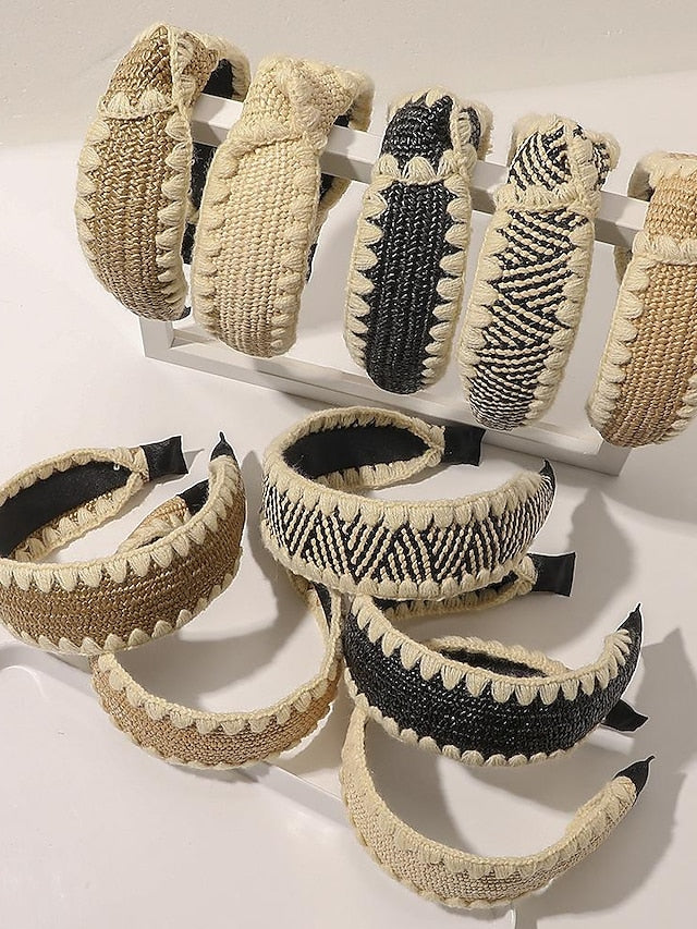 1PC Girls' Headbands Headband For Street Daily Holiday Weave Fabric Wool Edge Raffia Headband-Knotted Beige Wool Edge Raffia Headband - Flat Black Wool Edge Raffia Headband - Flat Beige for Women