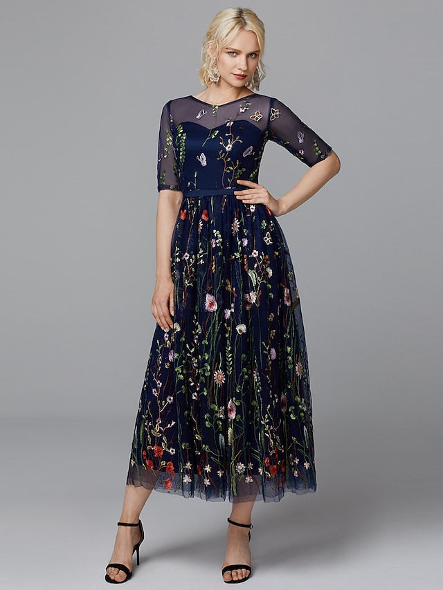 A-Line Floral Dress Holiday Tea Length Half Sleeve Illusion Neck Lace with Embroidery Appliques 2023