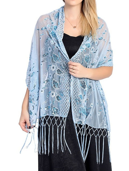 Shawls & Wraps Party Wedding Indoor Light Blue Black White Scarf Embroidered Flower for Women
