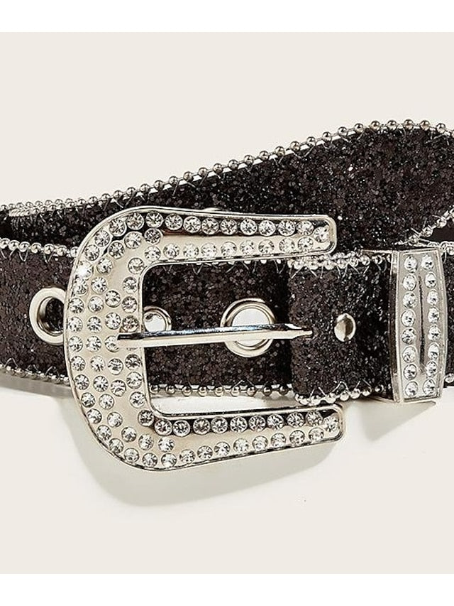 PU Buckle Belt Metal Bucke Crystal Rhinestone Eyelet Classic Wedding Party 3.8CM beaded car side bead size eyelet buckle (silver) 3.8CM beaded car side bead size eyelet buckle (black) for Women