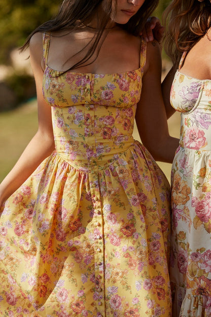 Tatiana Yellow Floral Print Midi Dress