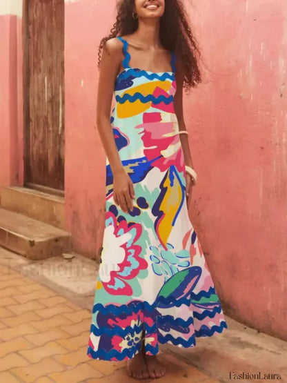 Holiday Digital Printed Long Women Fashion Summer Elegant A- Line Vintage Sling Maxi Dress