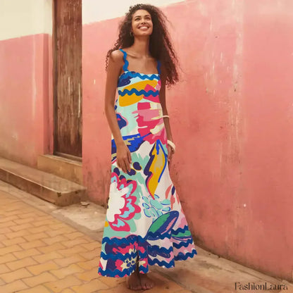 Holiday Digital Printed Long Women Fashion Summer Elegant A- Line Vintage Sling Maxi Dress