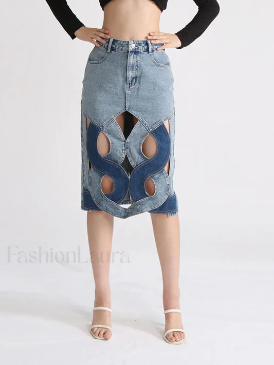 Hollow Out Zipper Denim Skirt