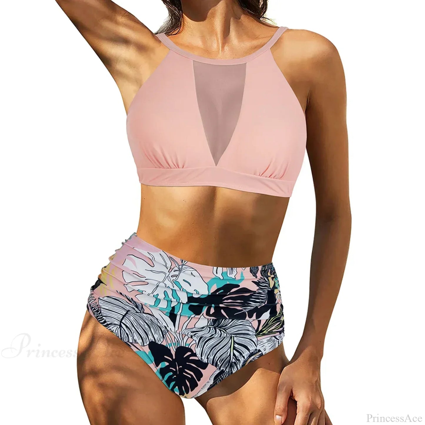 Hollow Solid Color High Waist Two Piece Set