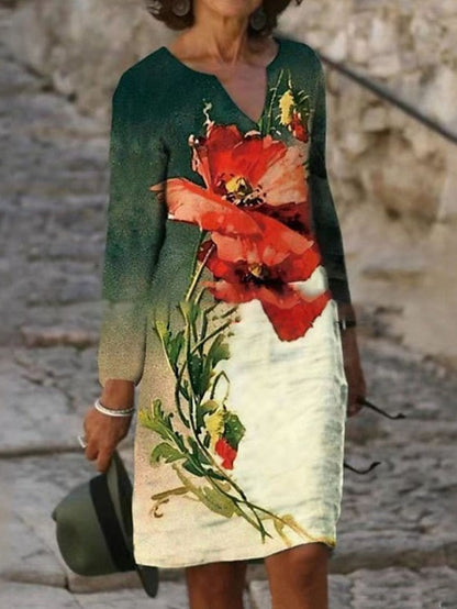 A Line Dress Knee Length Dress White Yellow Pink Long Sleeve Floral Print Winter Fall Autumn V Neck Casual Winter Dress Fall Dress  S M L XL XXL 3XL for Women