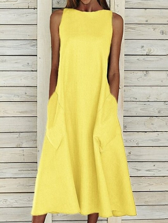 A Line Dress Midi Dress Blue White Gray Yellow Sleeveless Solid Color Pocket Spring Summer Round Neck Basic Hot Loose  S M L XL XXL for Women