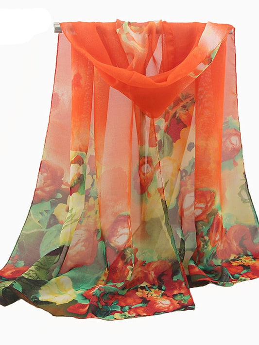 Digital Print Vintage Large Floral Peony Georgette Beach Towel Sun Protection Shawl Silk Scarf for Women