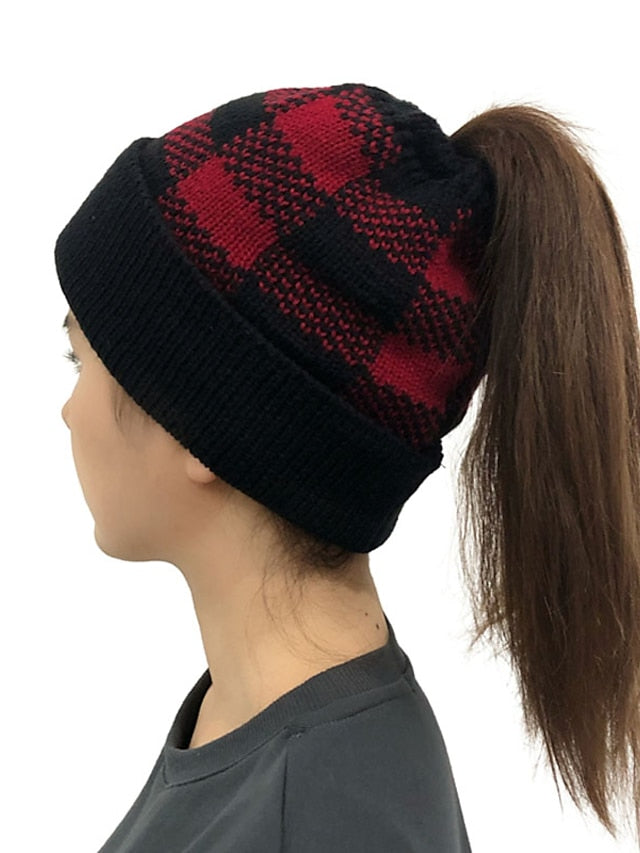 Hat Beanie / Slouchy Black Khaki Red Outdoor Home Street Knit Plaid Windproof Comfort Warm for Women