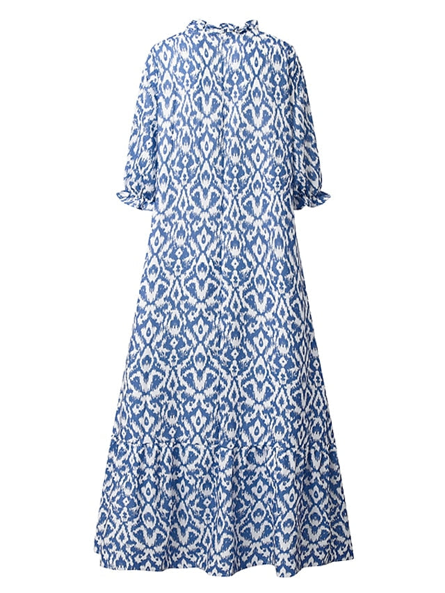 A Line Dress Maxi long Dress Purple Half Sleeve Print Ruched Print Spring Summer V Neck Casual Vacation  3XL for Women