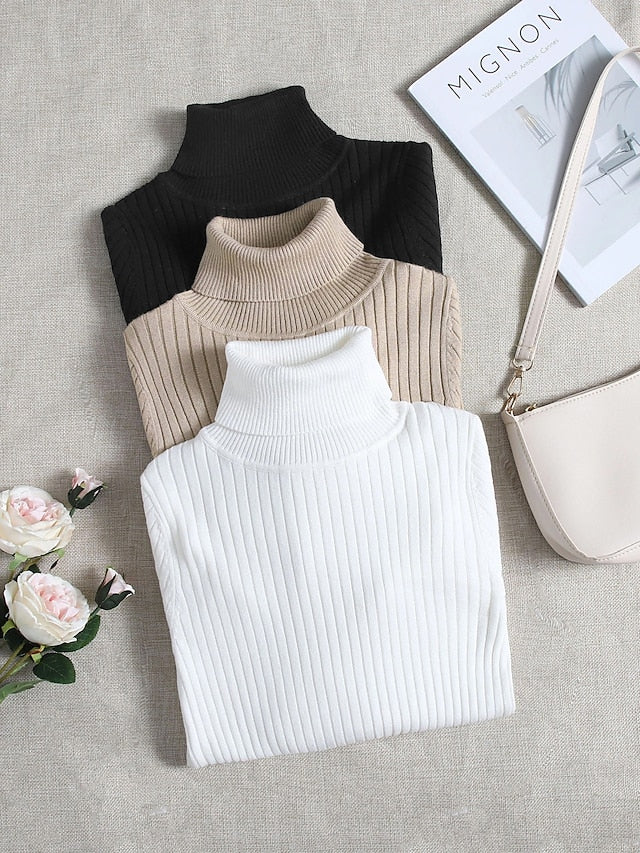 3 pieces Women's Pullover Sweater Jumper Ribbed Knit Knitted Thin Solid Color Turtleneck Basic Casual Daily Winter Fall Black White Gray Brown