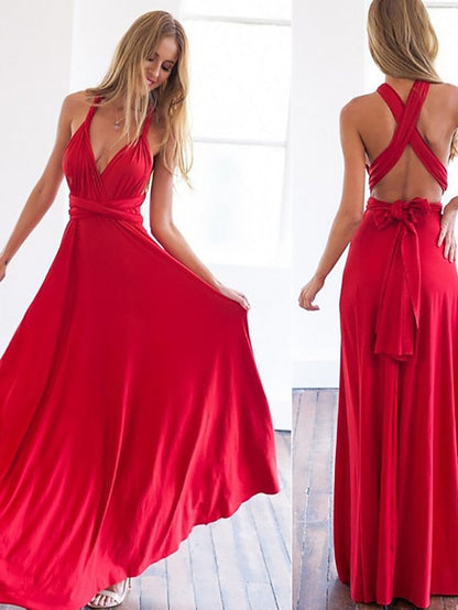 A-Line Bridesmaid Dress Halter / V Neck Sleeveless Convertible Floor Length Spandex with Sash / Ribbon / Pleats 2022