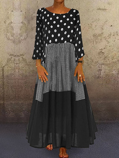 A Line Dress Maxi long Dress Black Yellow Red Long Sleeve Polka Dot Patchwork Summer Spring Crew Neck Hot Winter Dress Fall Dress Loose Fit  M L XL XXL 3XL 4XL 5XL for Women