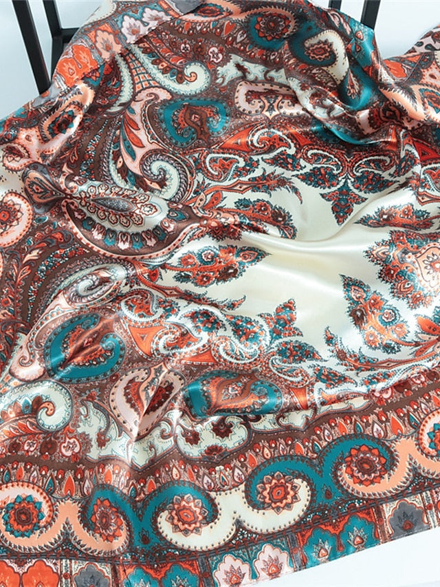Vintage Flowers Square Scarf For Women Shawls Neckerchief Female Print Headband On the Head Wraps Foulard Hijab Hair Bands 90*90cm for Women