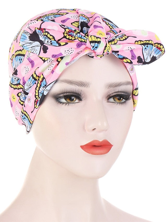 6 Colors New Fashion Bandanas Women Print Knotted Twist Turban Hat Twist Hijab Bonnet Cap India Hat Rabbit Ear Headband Muslim Hijab for Women